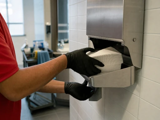 Close-up of janitorial technician restocking paper towels in a commercial office restroom dispenser