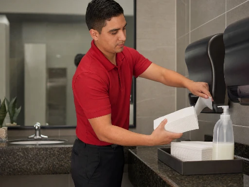Day porter restocking paper towels and soap in a clean commercial office restroom in a Los Angeles Class A office building