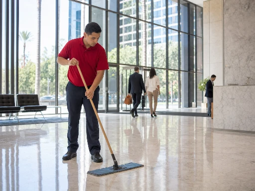 Day porter in red polo shirt wiping down the marble reception desk in the lobby of a Class A Los Angeles office building during business hours