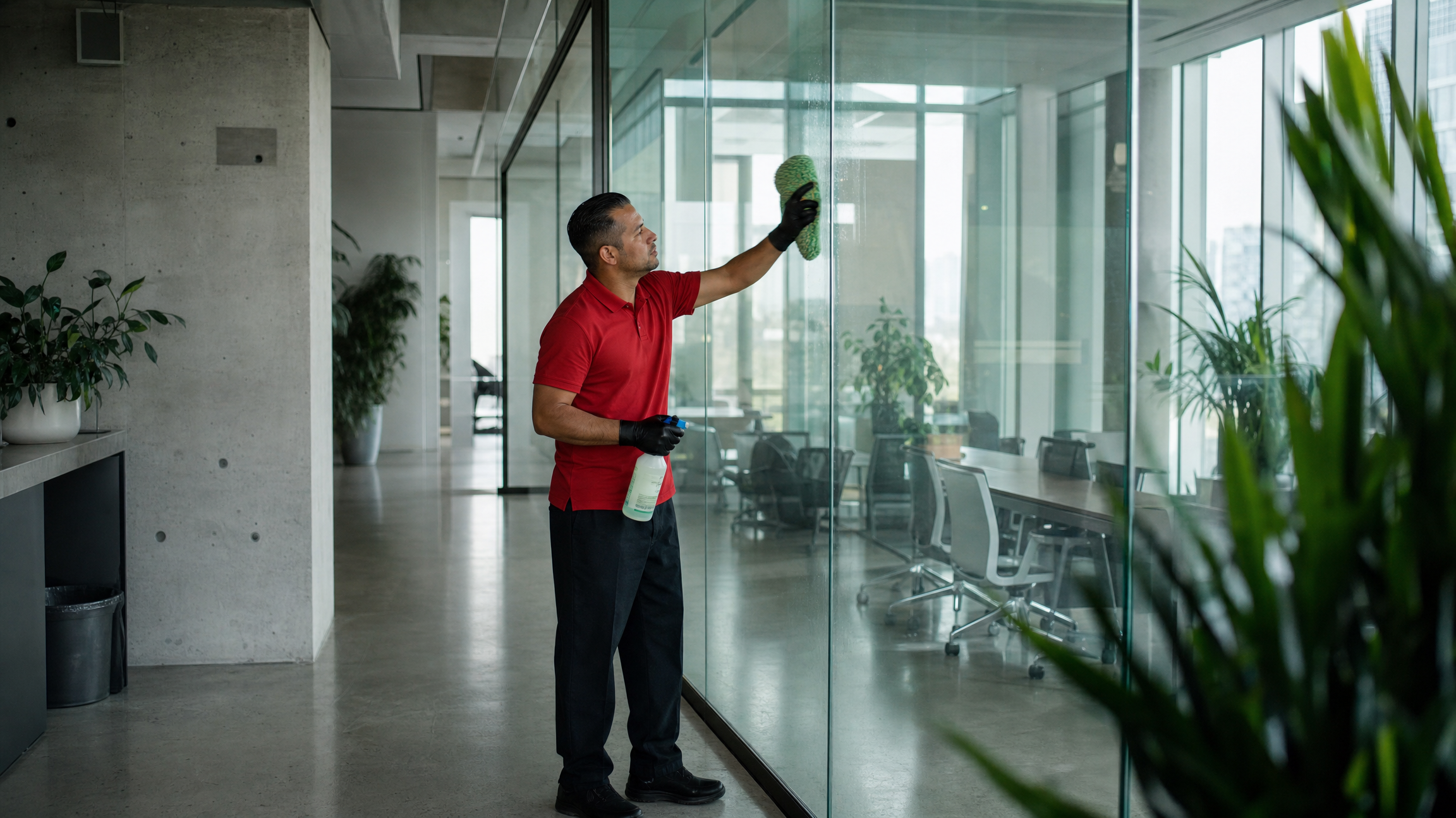 Commercial cleaning technician in red polo cleaning glass partition in LEED-certified Los Angeles office building