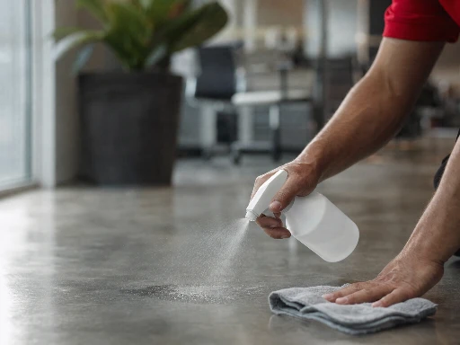 Close-up of green cleaning spray bottle and microfiber cloth in a modern LA office