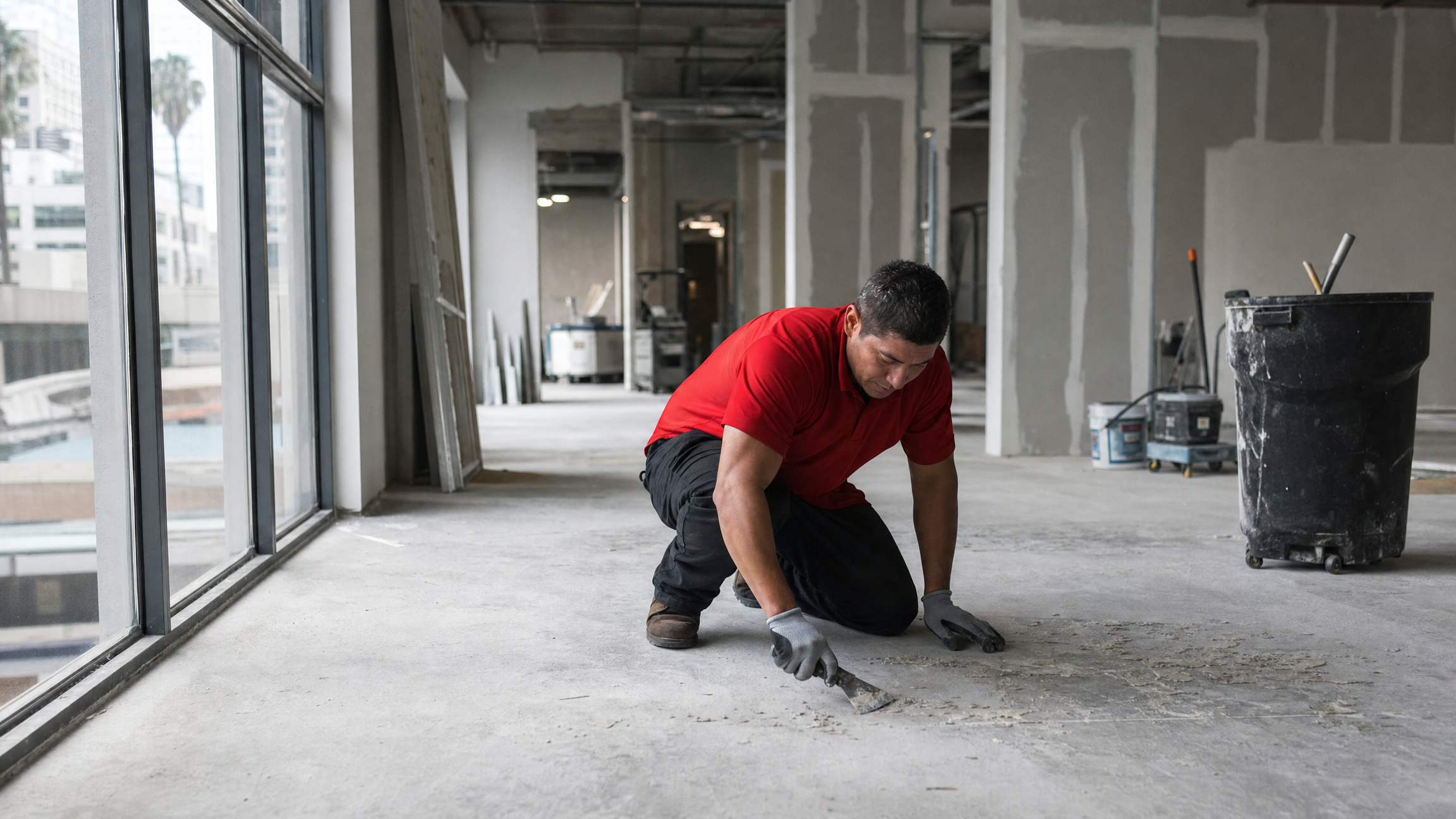 Commercial cleaning technician in red polo wiping surfaces in a post-construction tenant improvement space in Los Angeles