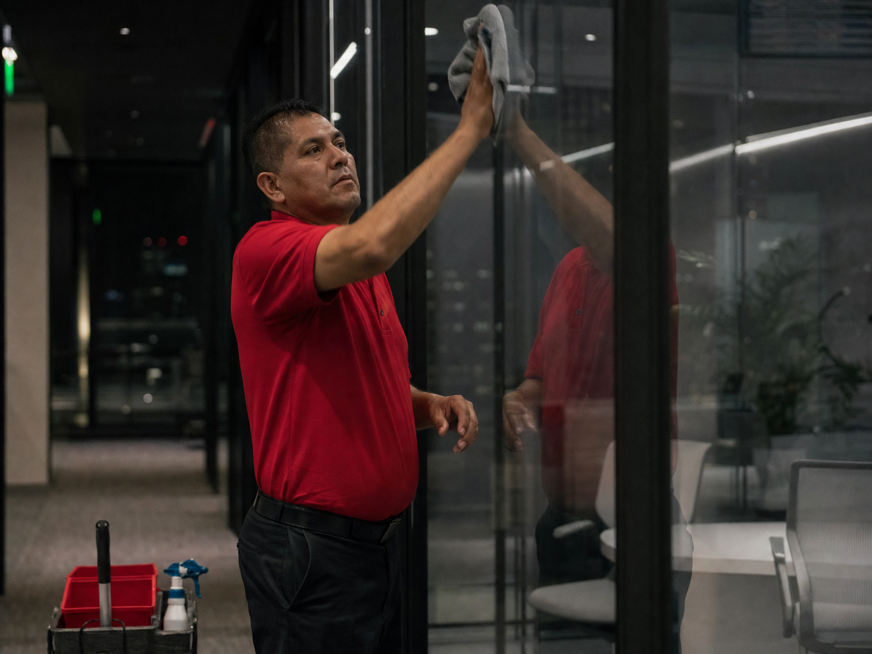 After-hours commercial cleaning technician cleaning a conference room in a Los Angeles office building