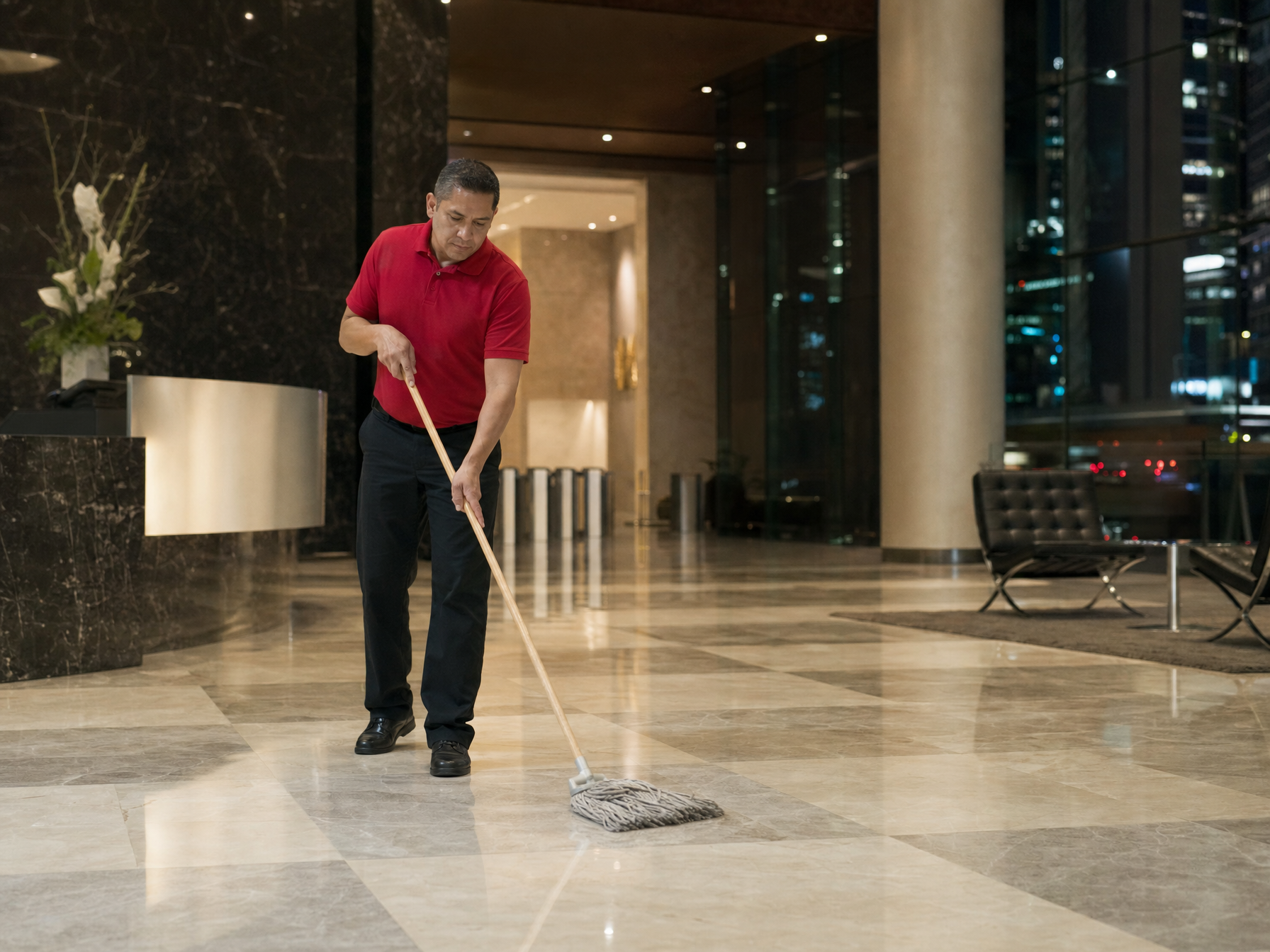 Professional commercial cleaning technician mopping a Class A Los Angeles office building lobby at night