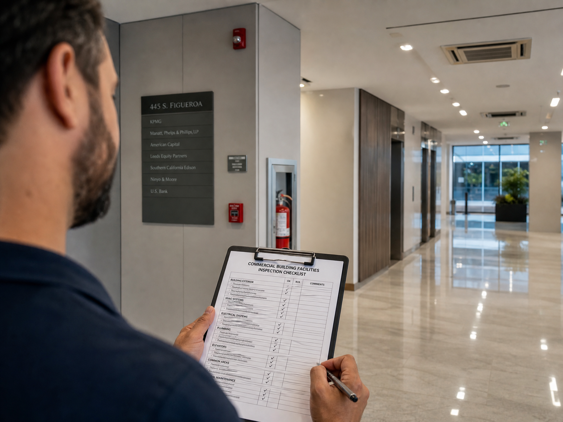 Property manager reviewing facilities inspection checklist in a Los Angeles commercial building