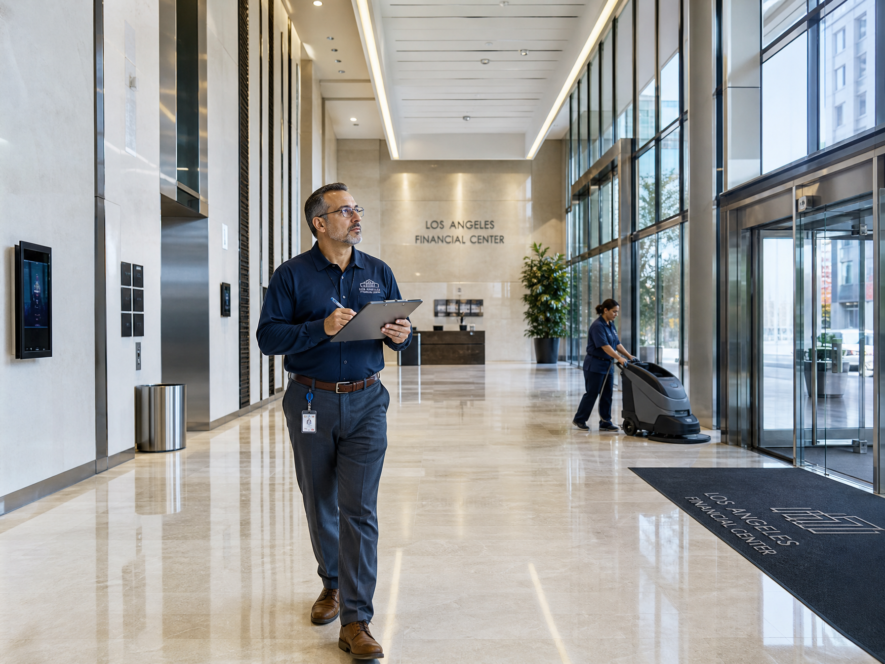 Facility manager and inspector conducting a commercial building facilities audit in a Los Angeles office building lobby