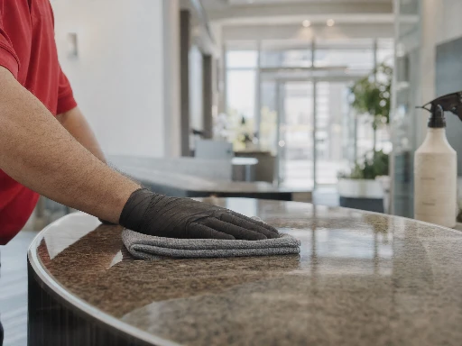 Close-up of cleaning technician wiping lobby reception counter with microfiber cloth
