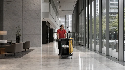 Commercial cleaning technician in red polo pushing cart through Class A LA office lobby
