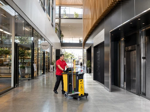 Day porter cleaning cart in mixed-use Los Angeles building lobby with retail storefronts and office elevator bank visible