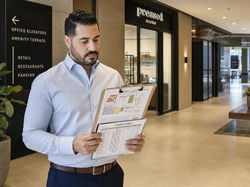 Property manager reviewing zone map and cleaning schedule for mixed-use building in Los Angeles