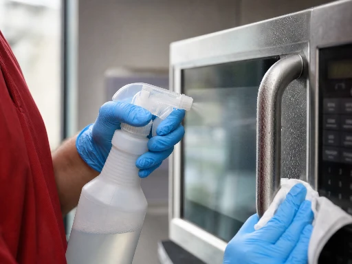Gloved hands applying EPA disinfectant to microwave handle in office break room kitchen