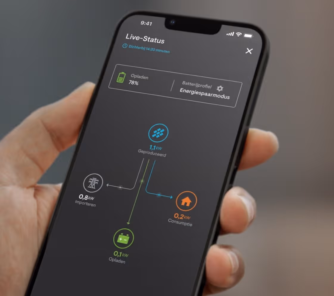 Smartphone toont realtime inzicht in het energieverbruik met de Enphase App.