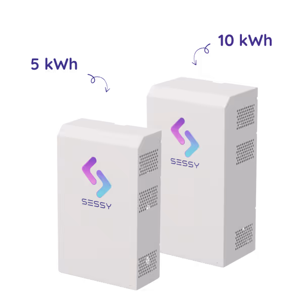 Twee witte sessy thuisbatterijen met logo, met capaciteiten van 5 kWh en 10 kWh aangegeven.