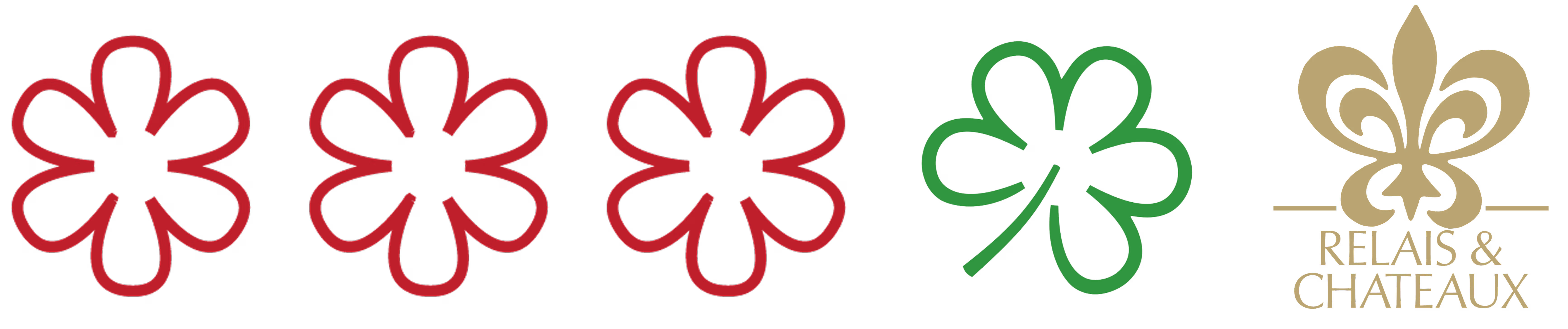 Three Michelin stars, green Michelin star, and Relais & Chateaux logo