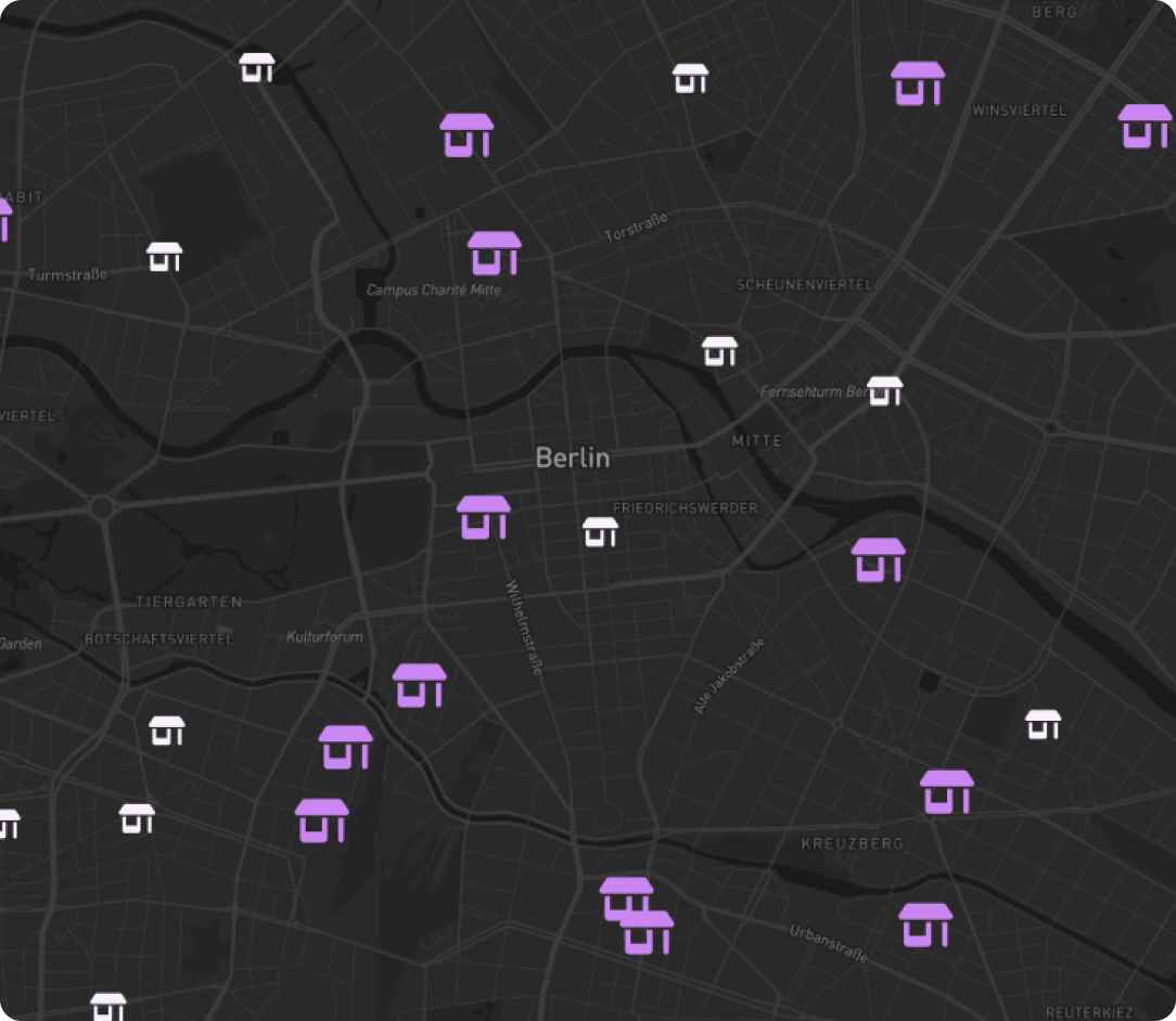 A map of Berlin with purple and black icons.