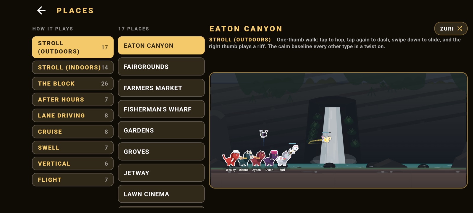 The places browser in Jazz Paws