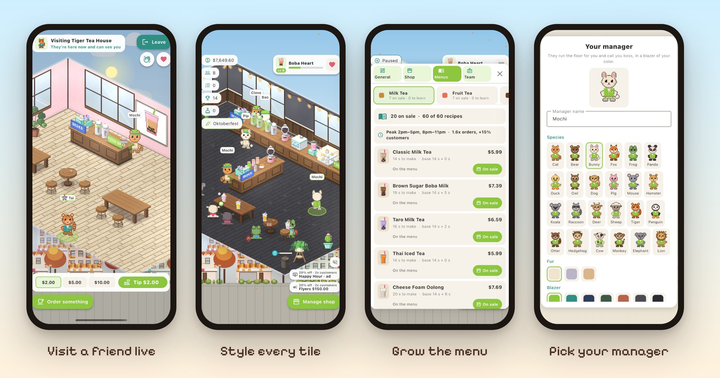 Four Boba Heart screens: visiting a friend's shop, a dark styled shop, the menu, and picking a manager