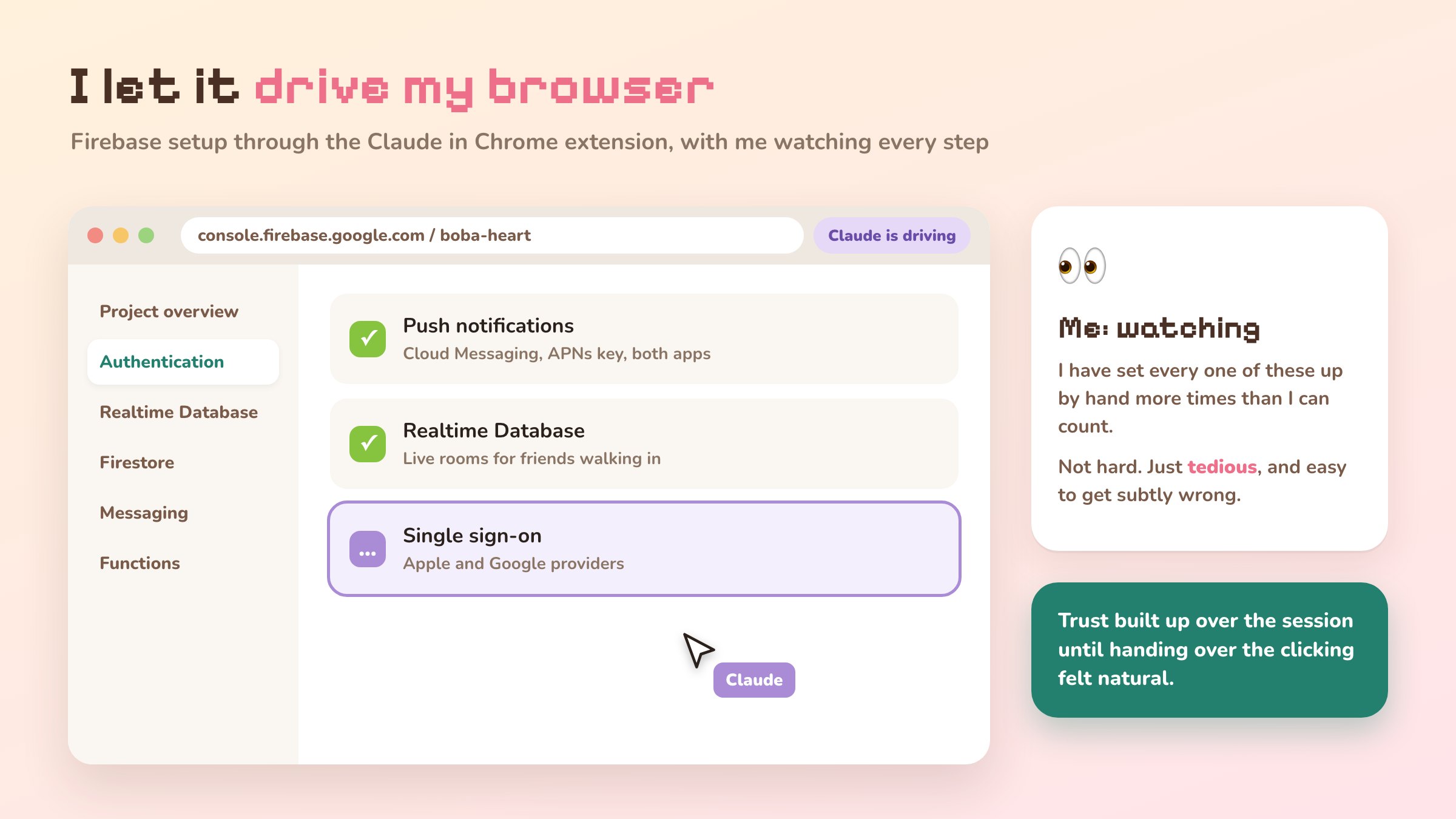 A browser on the Firebase console with Claude driving and me watching