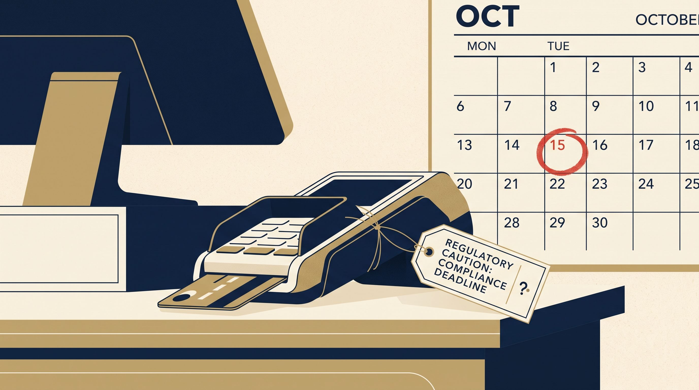 Card payment terminal with an October 15 compliance deadline marked on a calendar