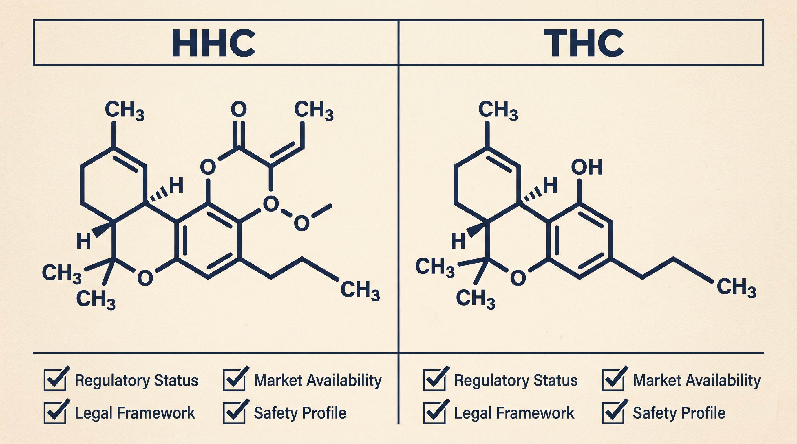 Side-by-side comparison chart of HHC and THC molecules