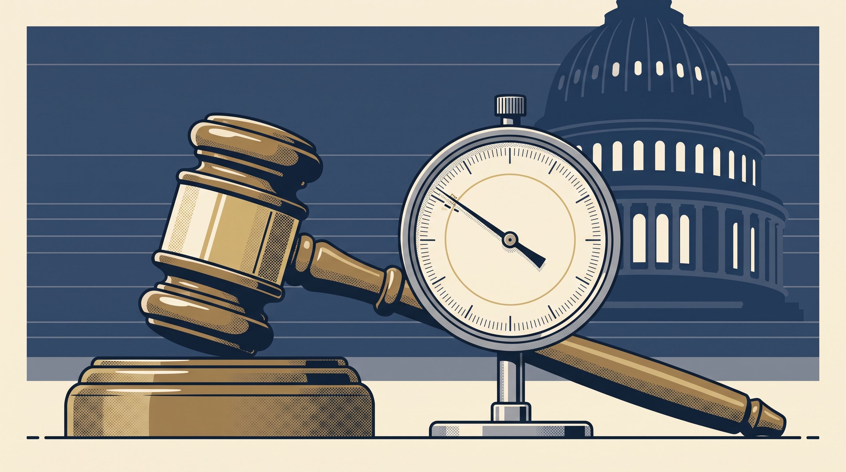 Court gavel beside a measurement dial, representing Virginia's 2 mg hemp THC cap taking effect