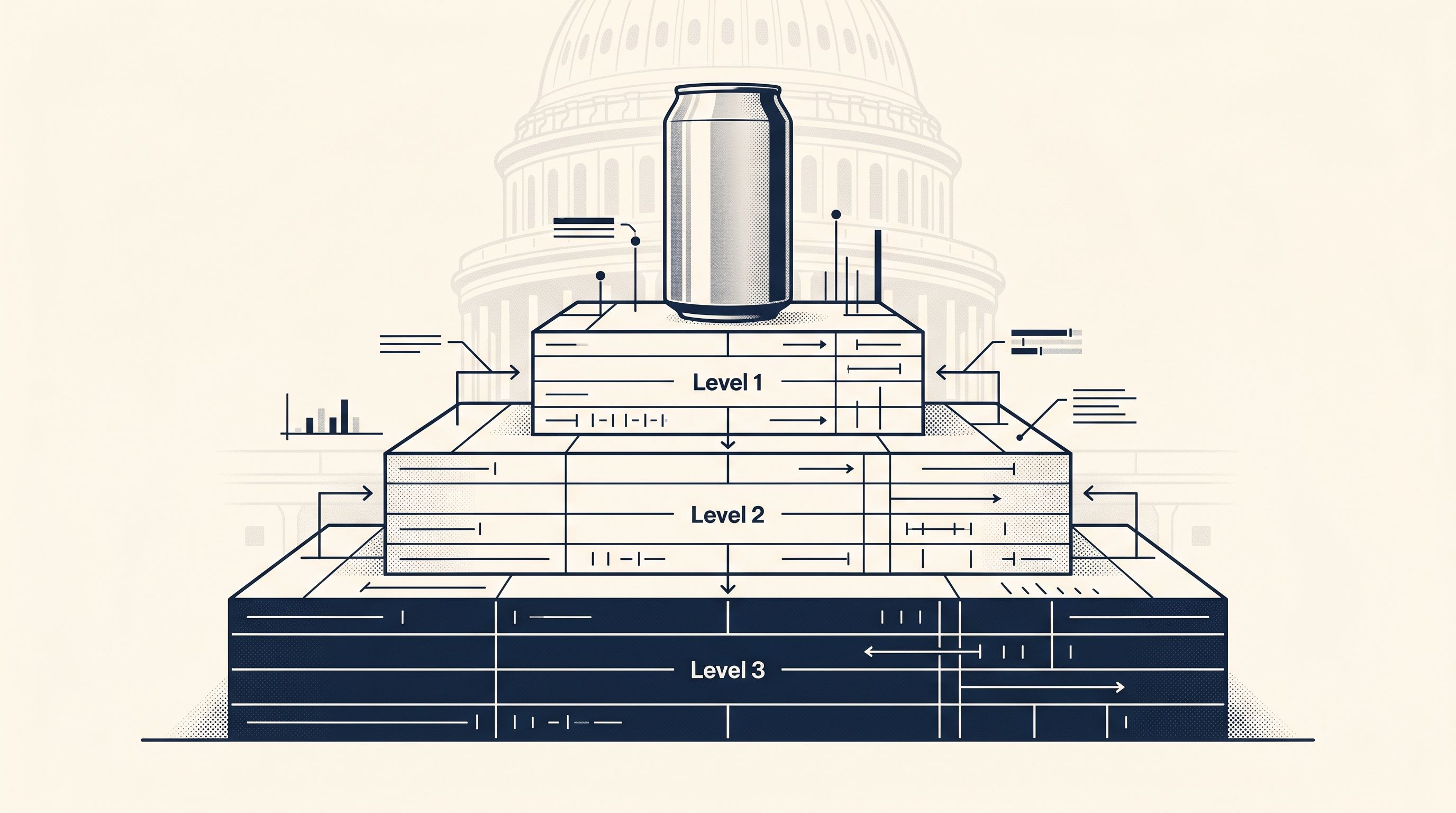 Beverage can on a three-tier distribution diagram before the U.S. Capitol, illustrating the hemp THC drinks bill