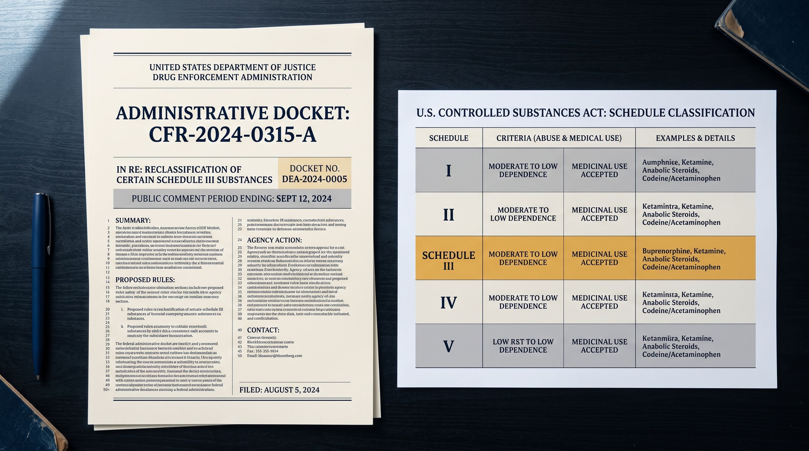 DEA rescheduling docket filing beside a controlled-substance schedule chart with Schedule III highlighted