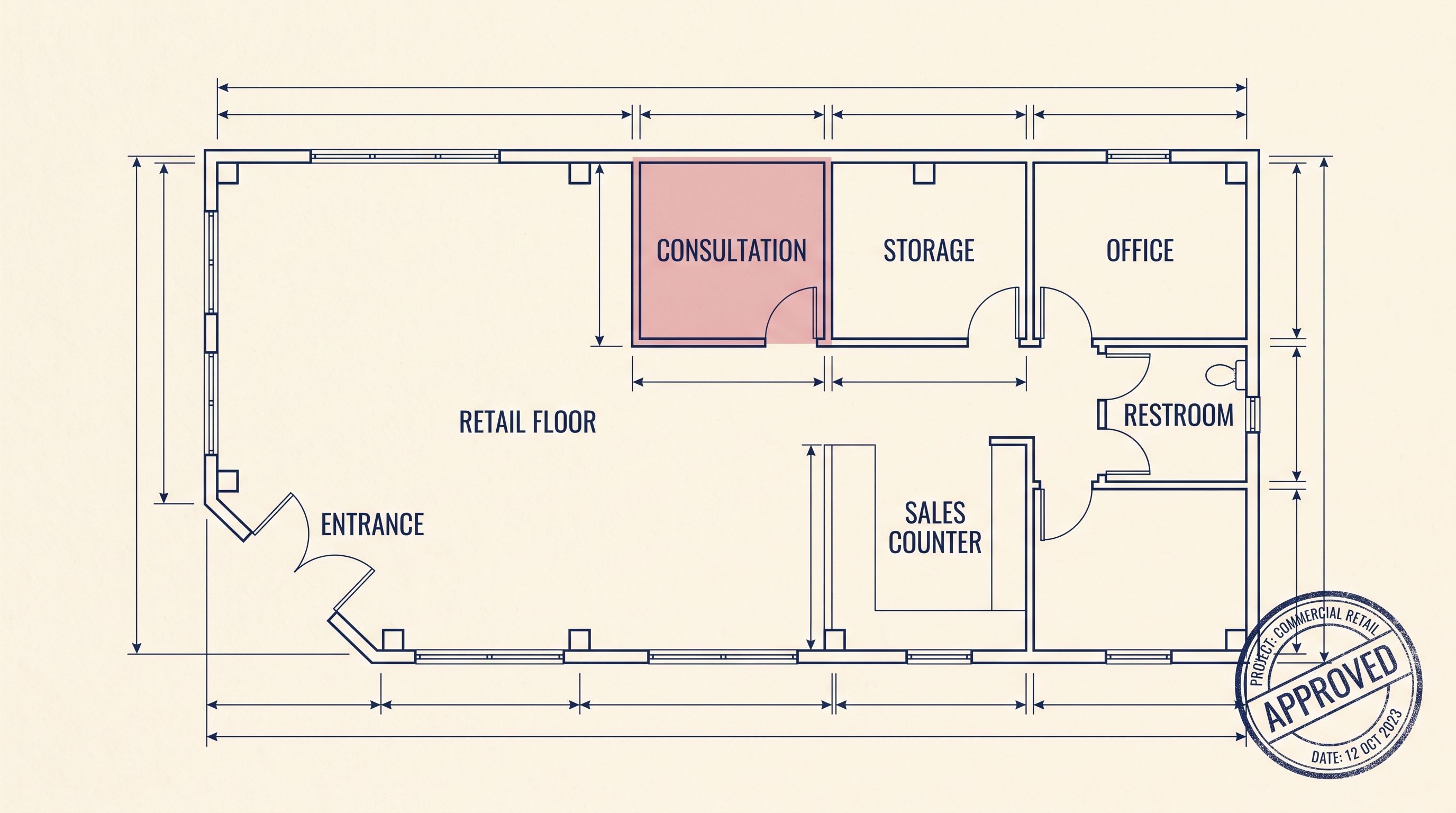 Dispensary floor plan with a dedicated medical consultation area outlined, representing the Illinois license application requirement