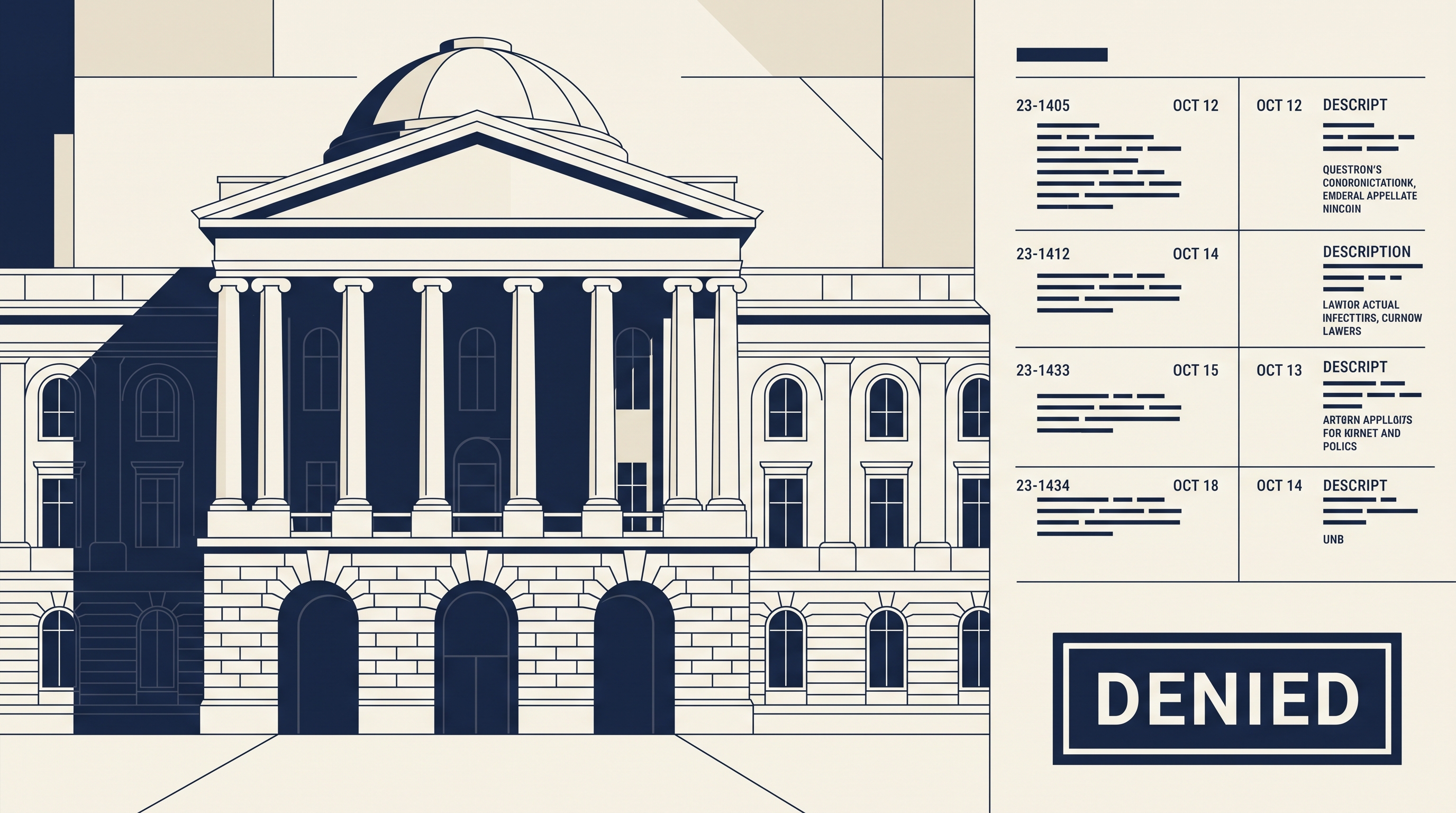 Editorial illustration of a federal appeals court building with a docket sheet, representing the D.C. Circuit's denial of a stay of the Schedule III marijuana order