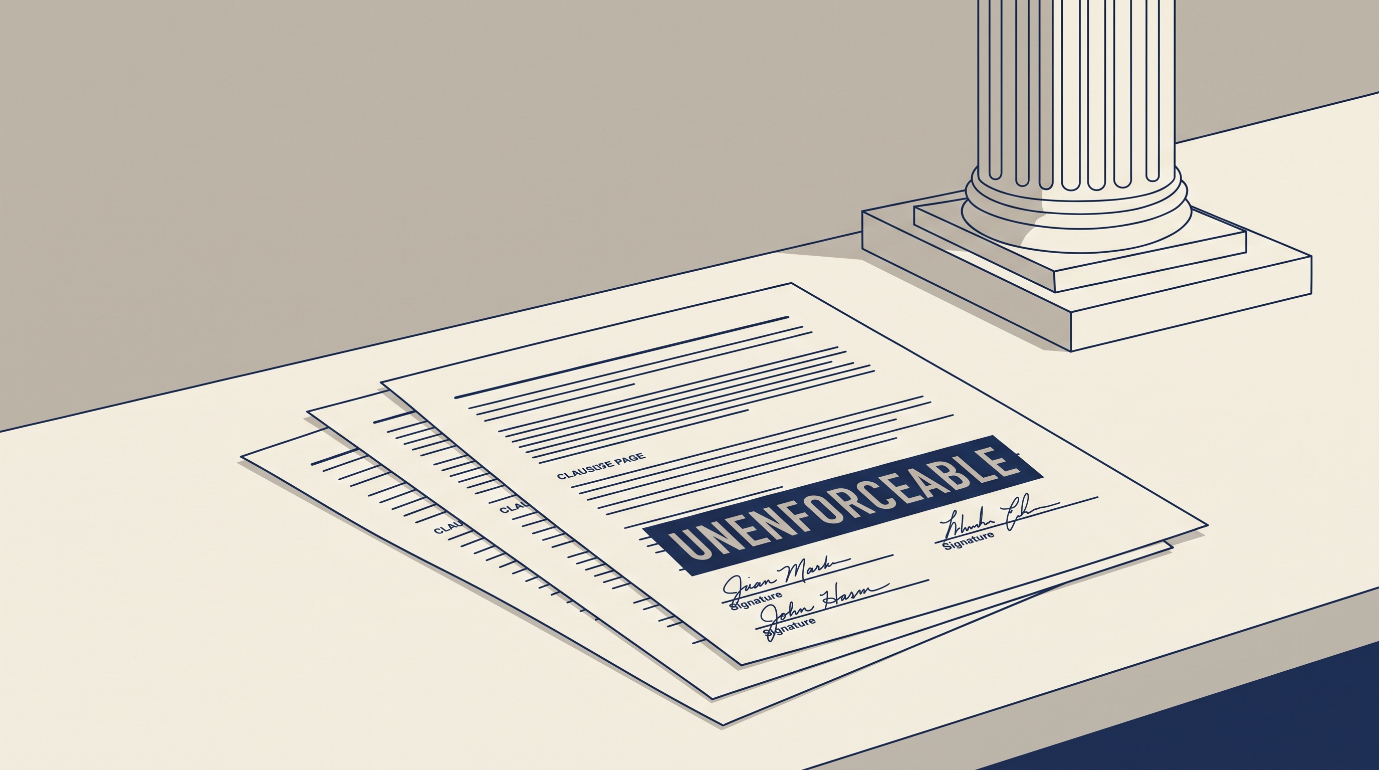 Illustration of a cannabis supply contract marked unenforceable beside a federal courthouse column, representing the Sixth Circuit's Hello Farms ruling