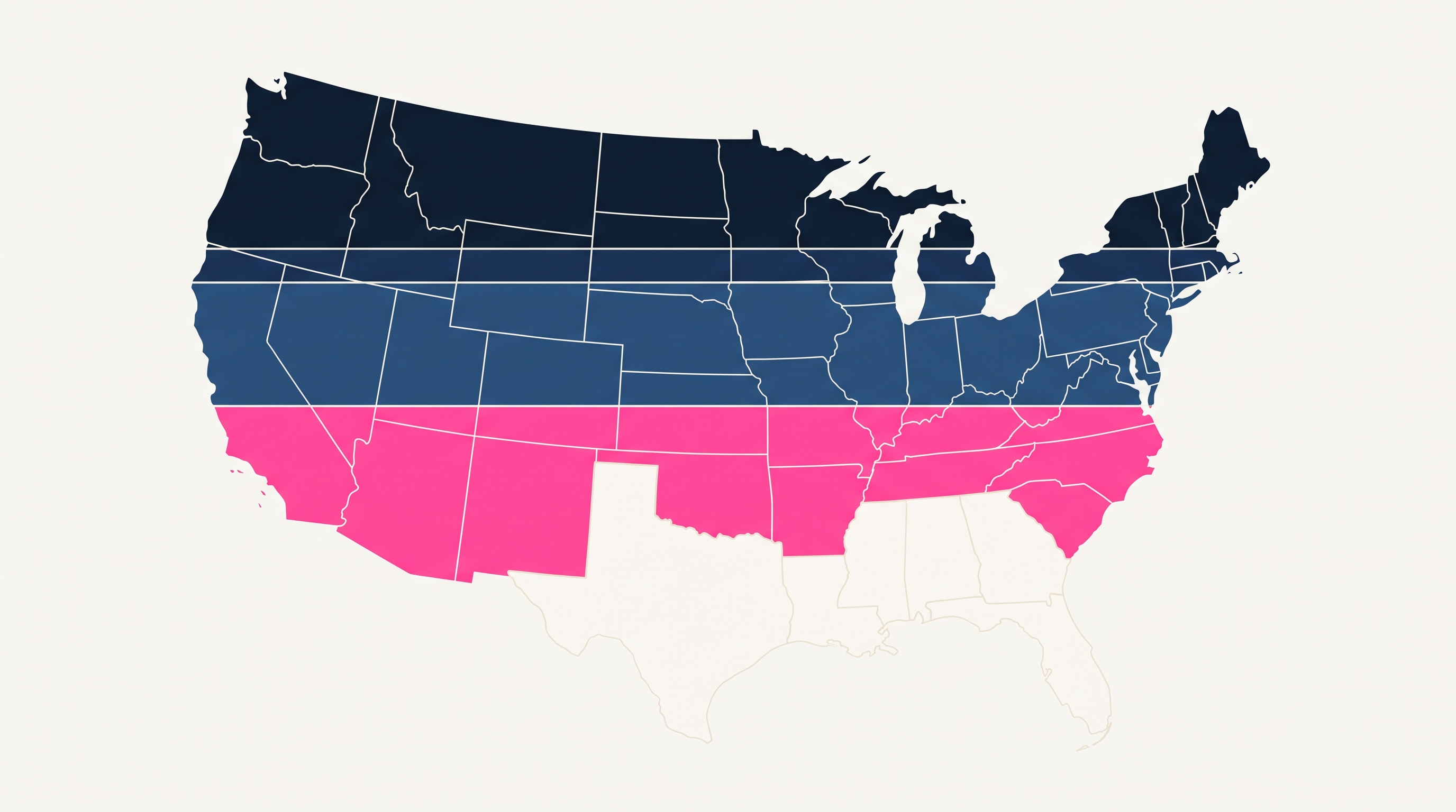Stylized US map divided into four tonal bands representing legal, restricted, banned, and litigated delta-8 status categories, navy to cream color ramp with a pink accent band