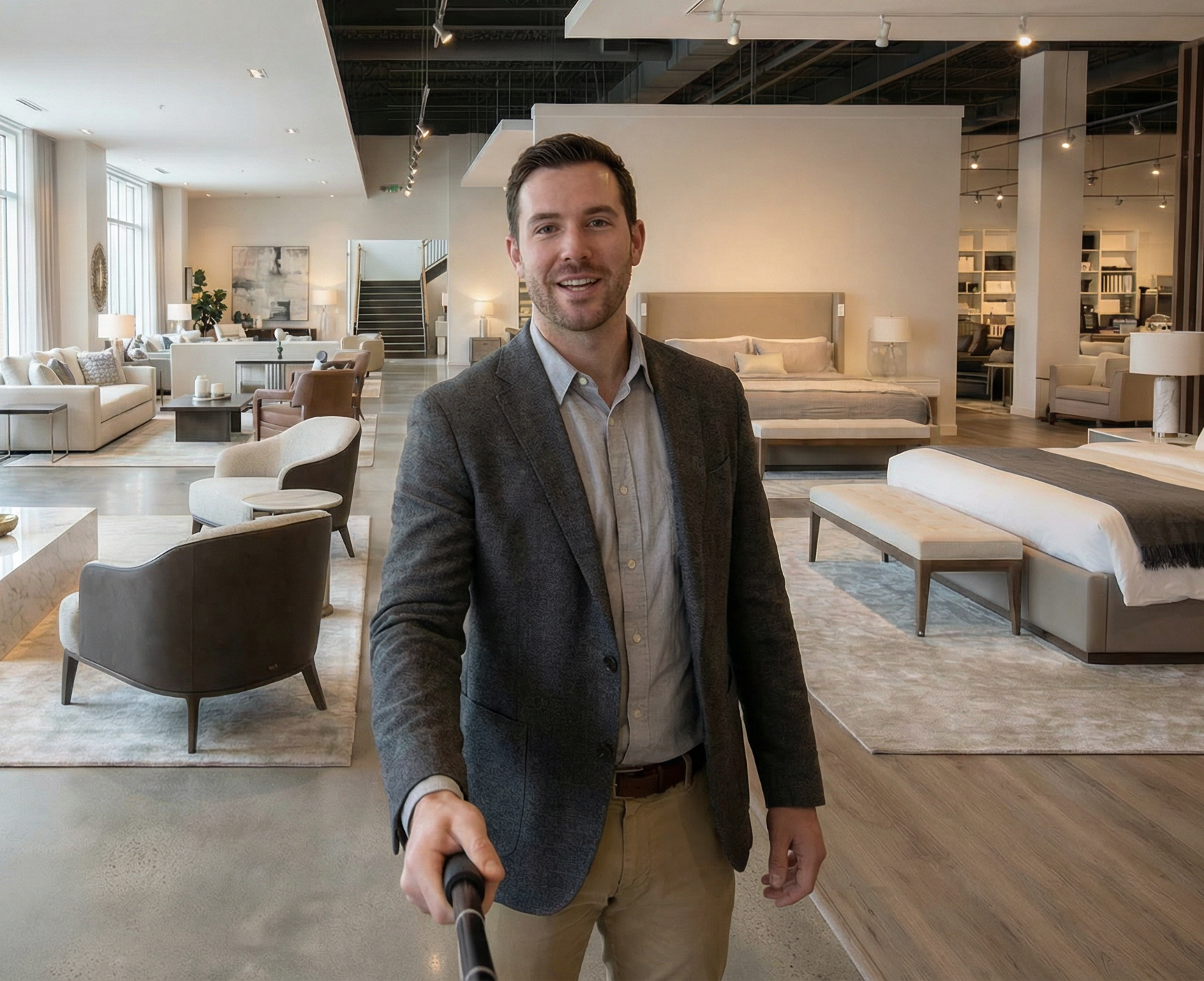 Man in a blazer with a 360 camera in a modern furniture showroom with sofas, chairs, and beds.