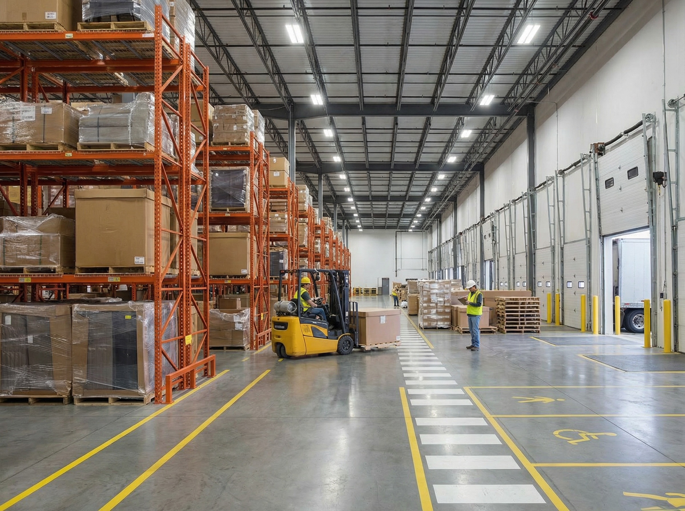 Warehouse interior with tall orange shelving filled with boxed pallets, a worker operating a yellow forklift carrying a box, and another worker checking a tablet near loading docks.