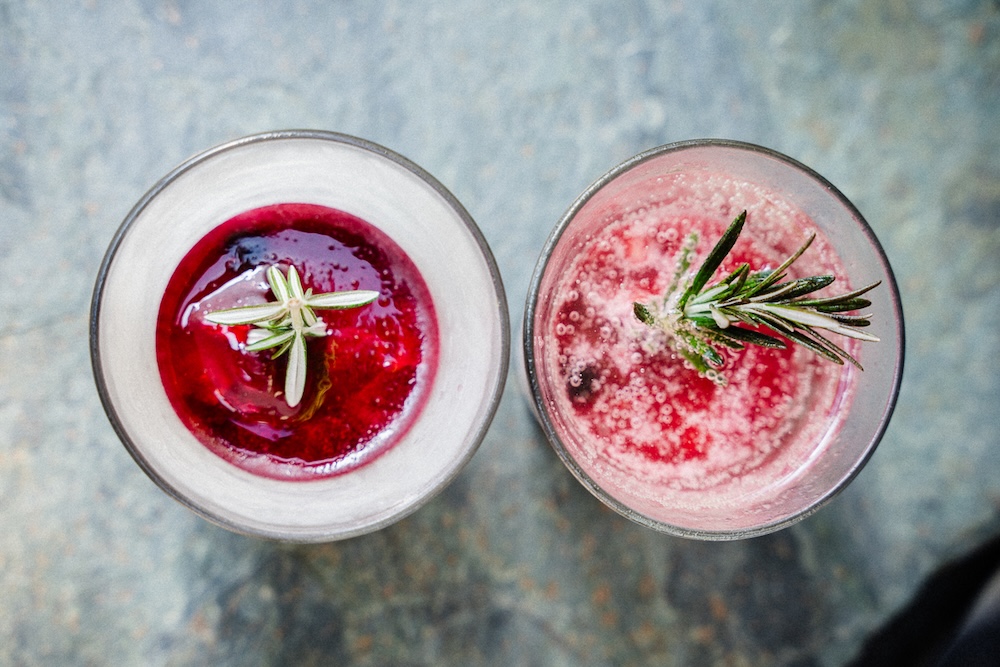 two glasses of aro ha's snow globe drinks