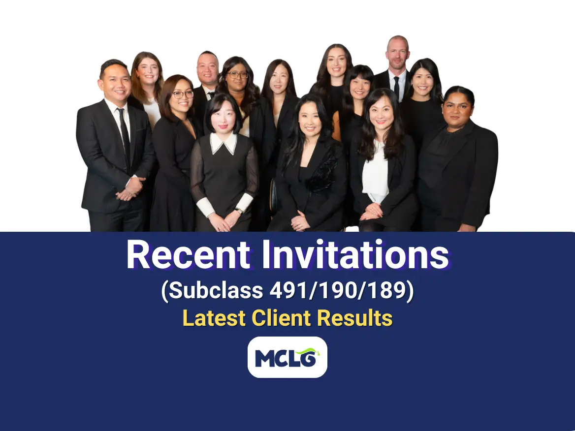 A group of professional Australian immigration lawyers standing together. The image includes the text: 'Australian Visa Invitations: Our Latest Client Results' in a high-contrast font