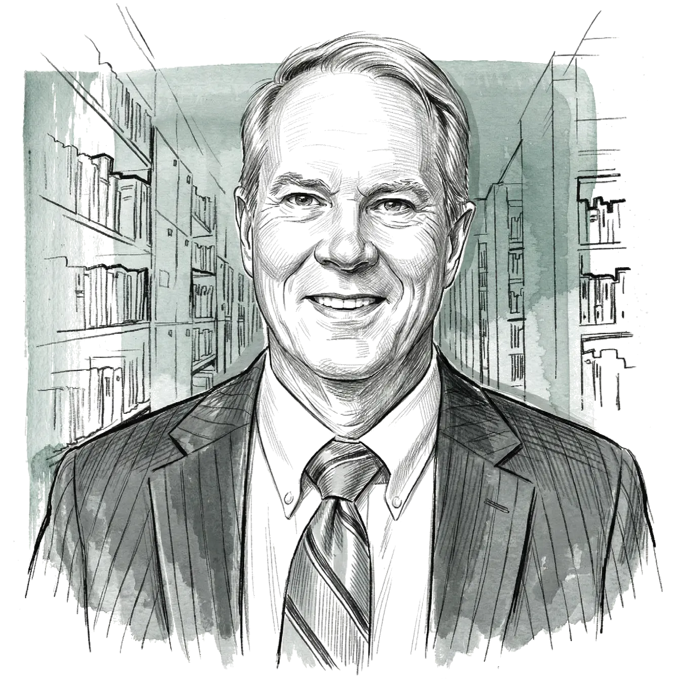 Sketch of a middle-aged man in a pinstripe suit and striped tie with bookshelves in the background.