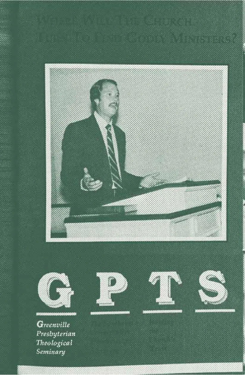 Man in suit speaking at a podium with text about Greenville Presbyterian Theological Seminary.