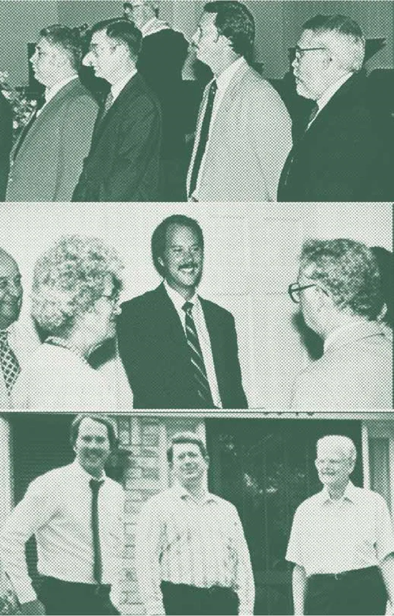 Three black and white photos of groups of men and women in formal and casual attire interacting and standing outdoors.