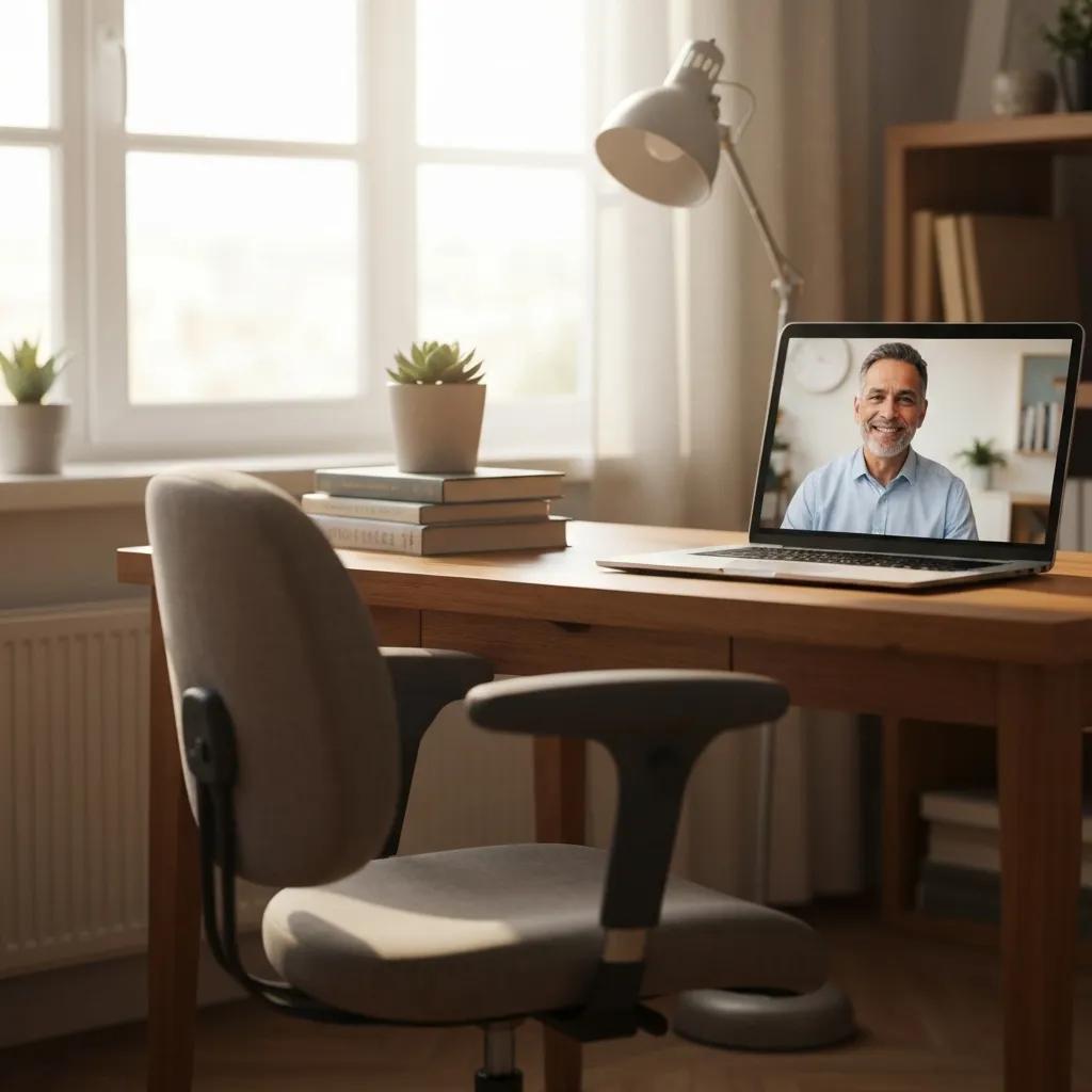 Home office with laptop showing virtual Cognitive Behavioral Therapy session