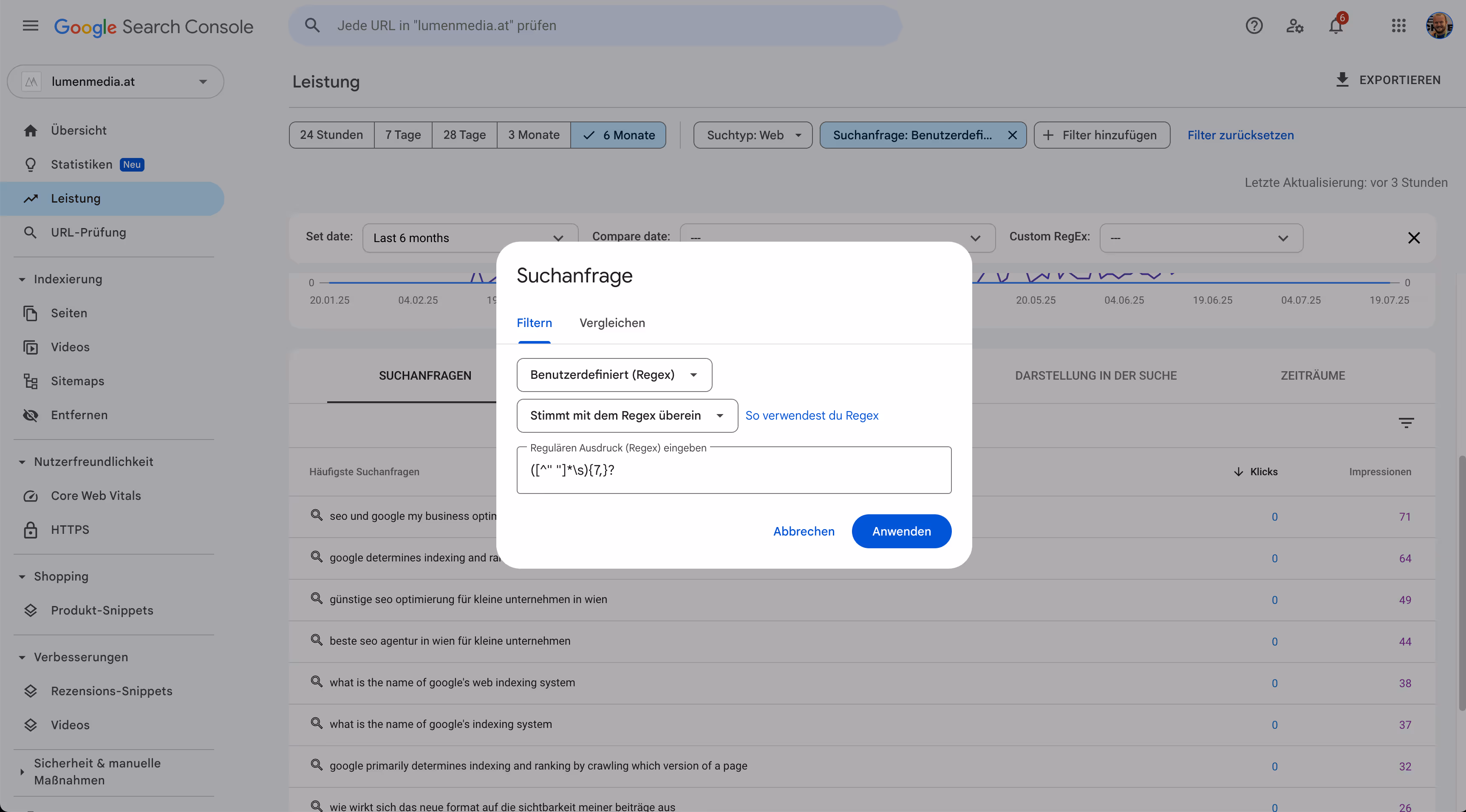 Screenshot der erweiterten RegEx Filter der Google Search Console