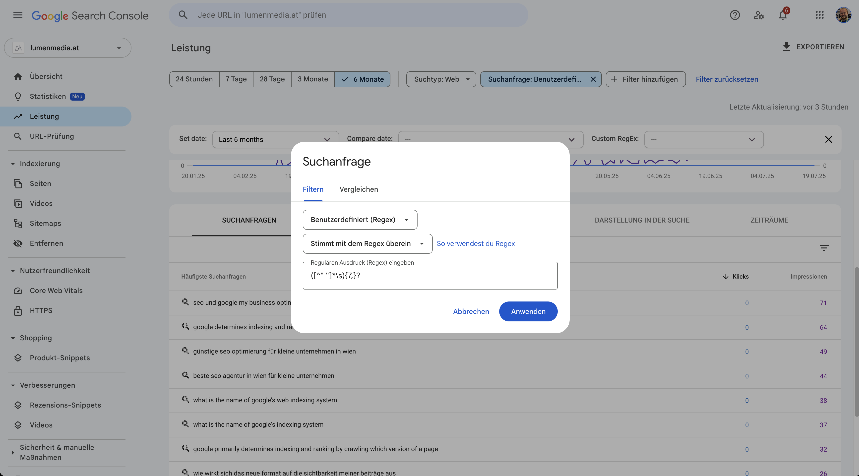 Screenshot der erweiterten RegEx Filter der Google Search Console