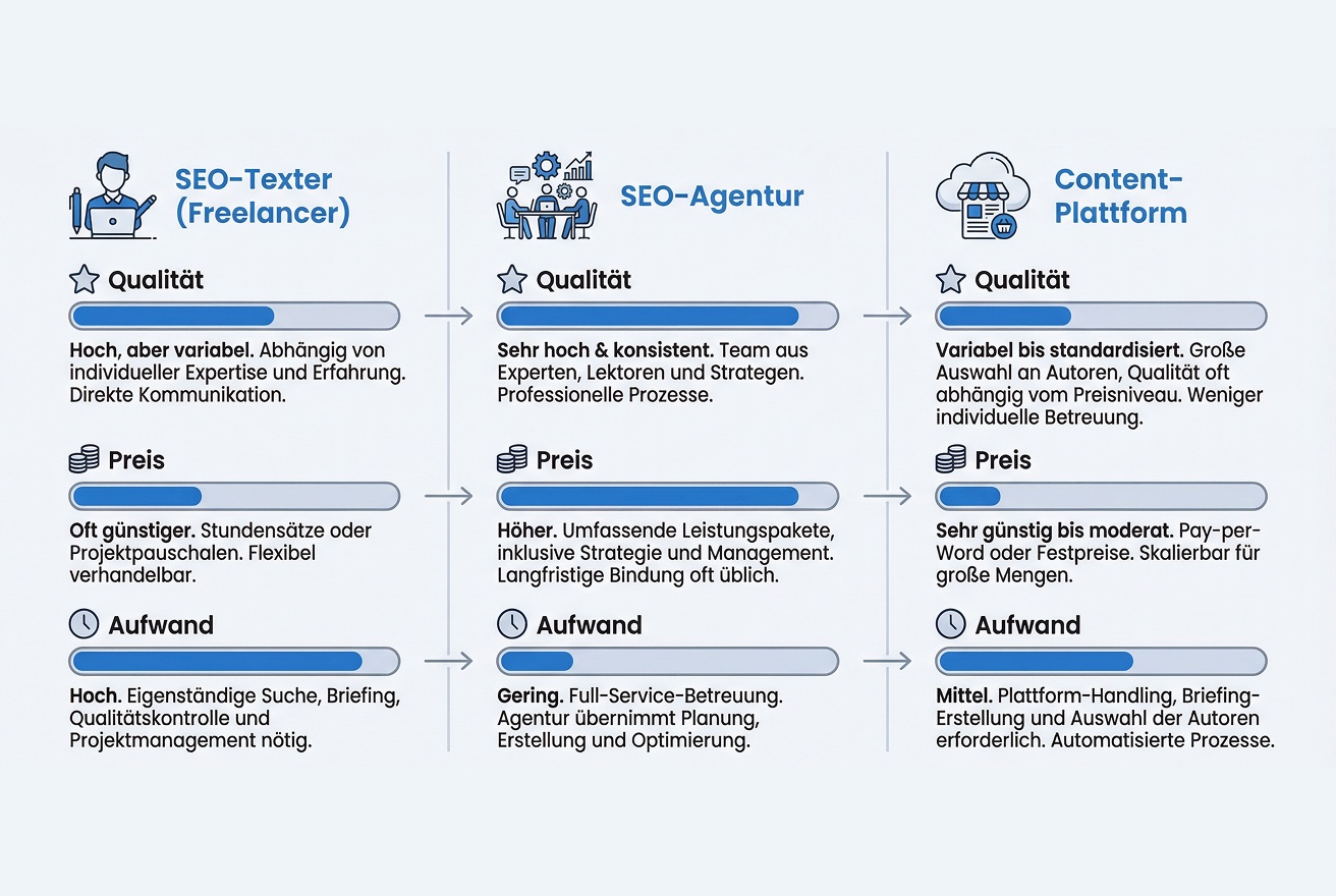 SEO Texter vs. SEO Agentur vs. Content Plattform