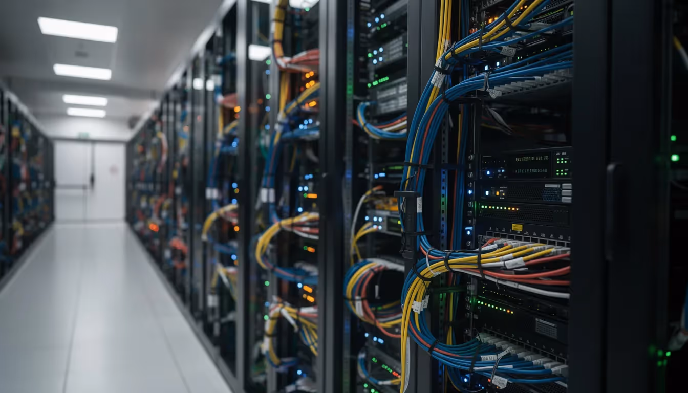 Das Bild zeigt einen Serverraum mit blinkenden Lichtern und zahlreichen Netzwerkabeln, die ordentlich verlegt sind. Diese technische Umgebung ist entscheidend für die Sichtbarkeit und Leistung von Webseiten, insbesondere im Bereich der Suchmaschinenoptimierung und des Online-Marketings.