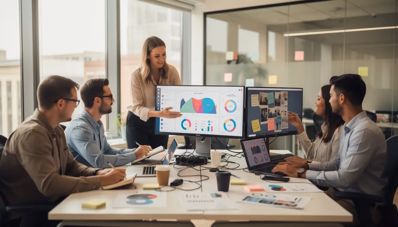 Eine Gruppe von Marketing-Profis arbeitet gemeinsam an Computerbildschirmen und diskutiert Strategien zur Suchmaschinenoptimierung (SEO). Sie analysieren die Sichtbarkeit ihrer Webseite, um bessere Platzierungen in den Suchergebnissen zu erreichen.