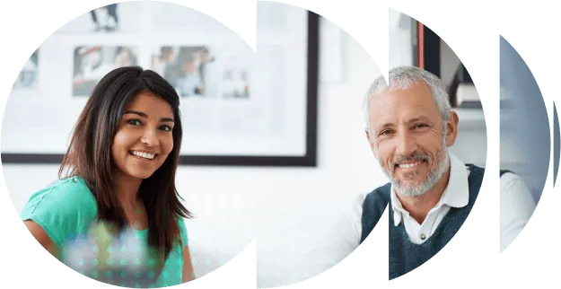 Smiling faces of man and woman, happy customers share positive review of Nimble Services