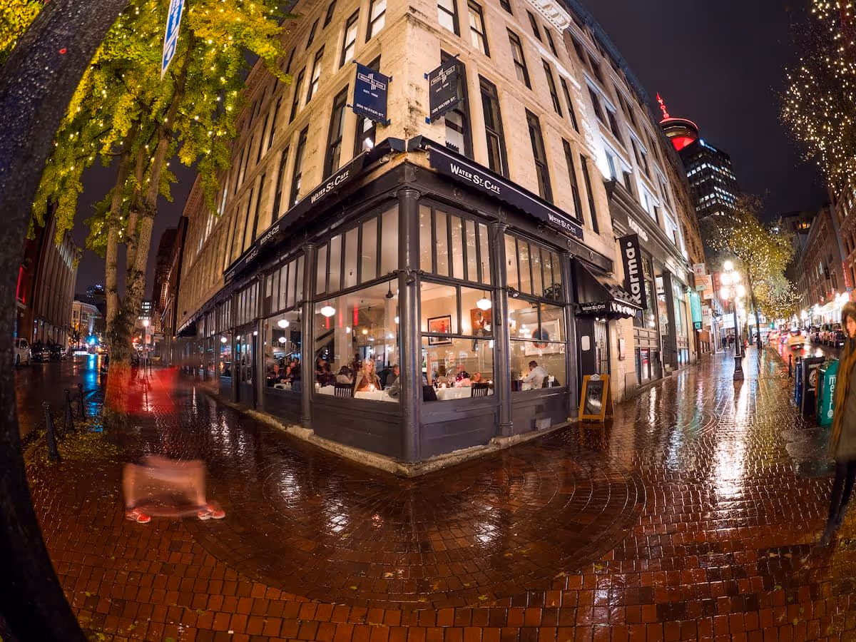 storefront of Water St. Cafe in Vancouver's historic Gastown