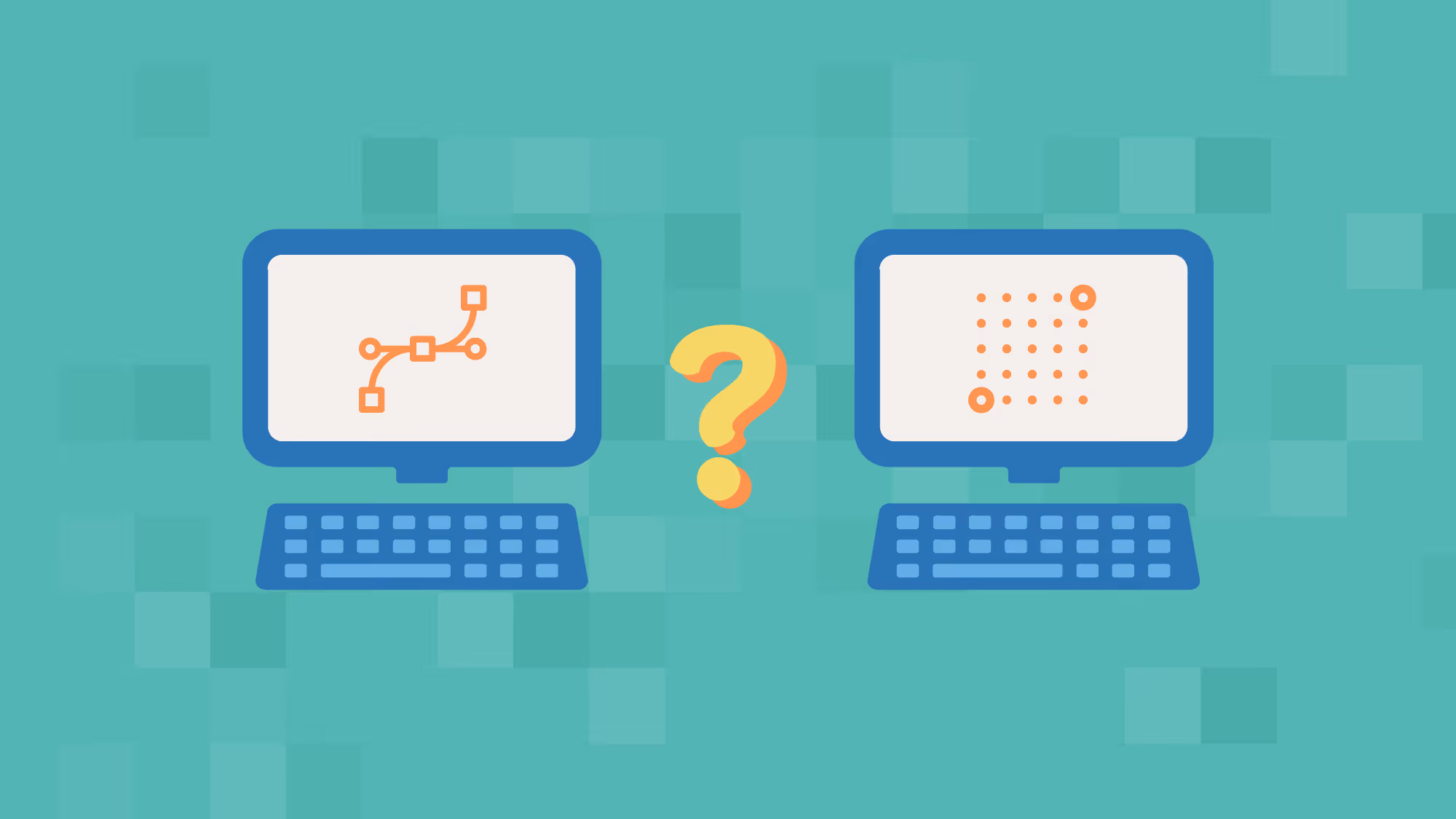 Two monitors on a desk showing a vector graphic and a raster graphic