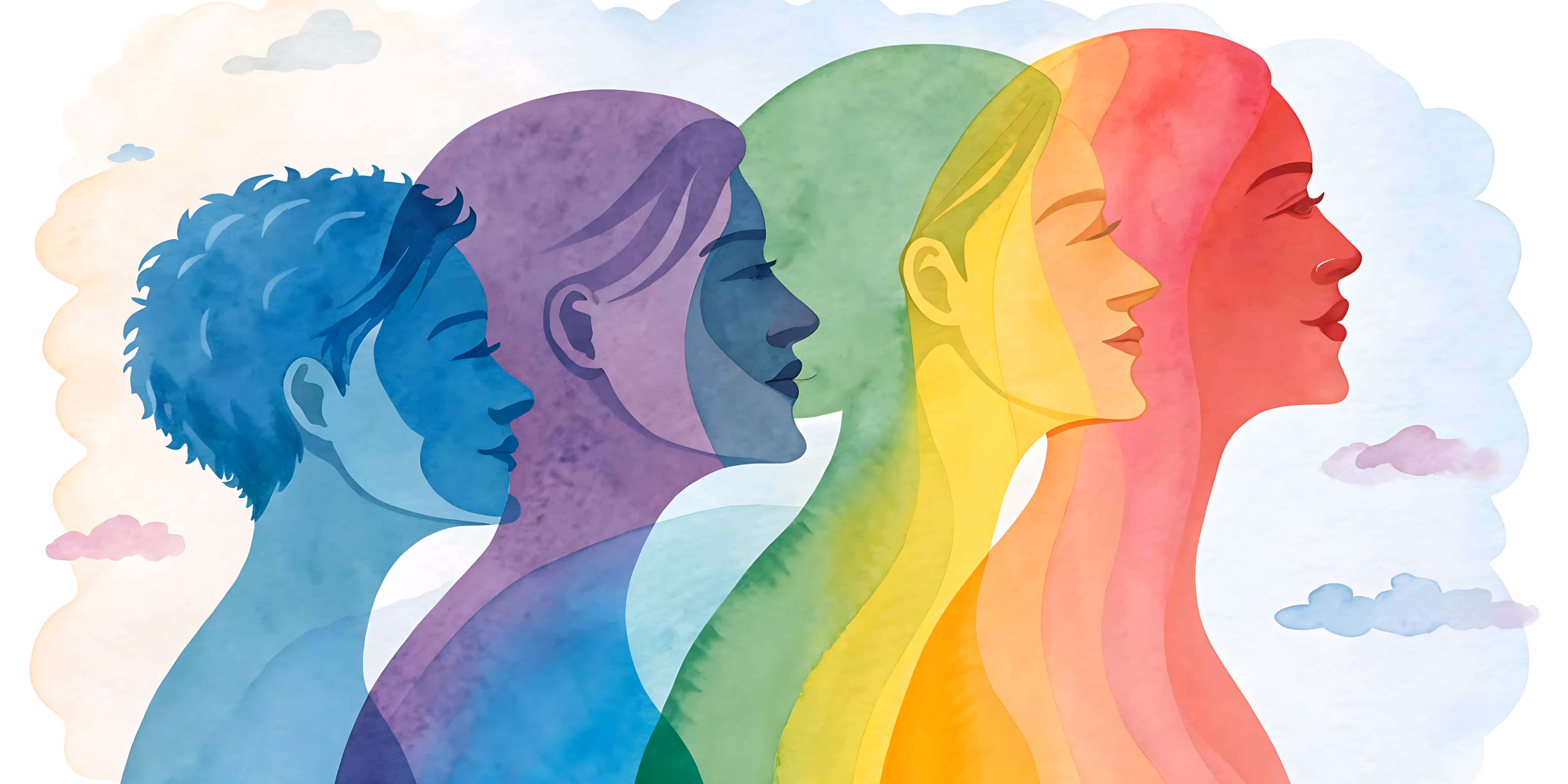 Illustration of overlapping human silhouettes in a gradient of blue, purple, green, yellow, orange, and red, symbolizing diverse personality profiles. The background features soft clouds in a watercolor style, creating a calm and reflective atmosphere.