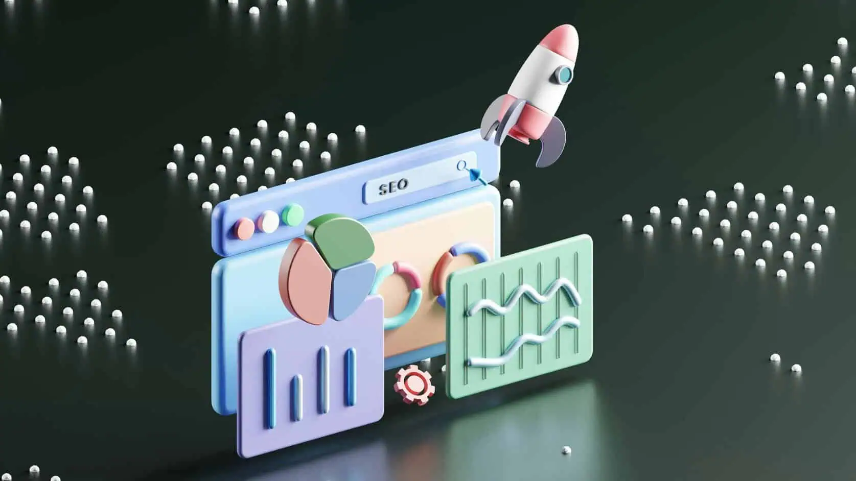 Abstract 3D illustration of SEO analytics and digital marketing growth featuring charts, graphs, and a rocket launch symbolizing AI-driven search optimization and online business performance.