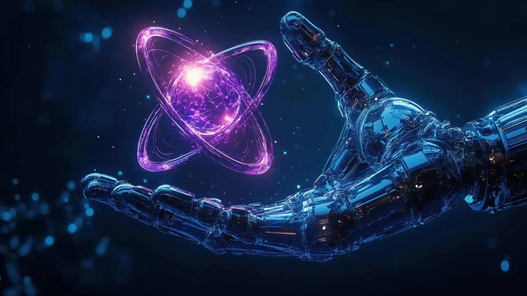 A futuristic robotic hand holding a glowing purple energy sphere shaped like an atom, set against a dark sci-fi background with floating light particles.